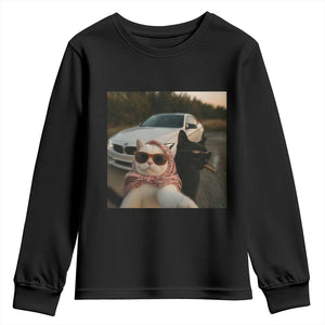 Cats Selfie Meme Youth Sweatshirt Funny Black Cat Smoking Cigarette With Car TS14 Black Print Your Wear