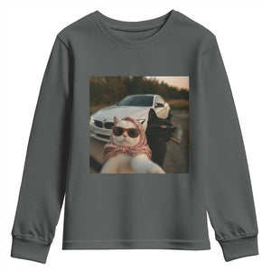 Cats Selfie Meme Youth Sweatshirt Funny Black Cat Smoking Cigarette With Car TS14 Dark Heather Print Your Wear