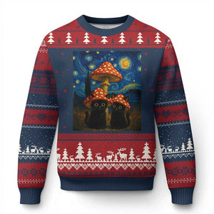 Cute Black Cat Mushroom Ugly Christmas Sweater Stary Night Vangogh Amanita Muscaria TS14 Navy Red Print Your Wear