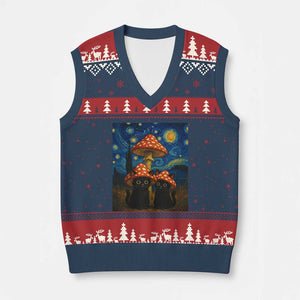 Cute Black Cat Mushroom V-Neck Knit Sweater Vest Stary Night Vangogh Amanita Muscaria TS14 Navy Red Print Your Wear