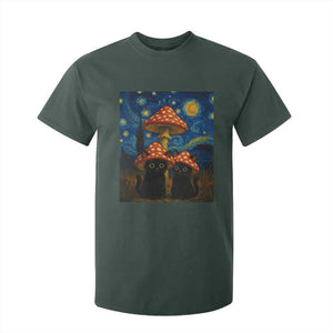 Cute Black Cat Mushroom T Shirt For Kid Stary Night Vangogh Amanita Muscaria TS14 Dark Forest Green Print Your Wear