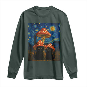 Cute Black Cat Mushroom Long Sleeve Shirt Stary Night Vangogh Amanita Muscaria TS14 Dark Forest Green Print Your Wear