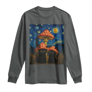 Cute Black Cat Mushroom Long Sleeve Shirt Stary Night Vangogh Amanita Muscaria TS14 Dark Heather Print Your Wear