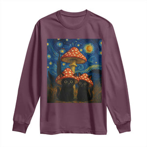 Cute Black Cat Mushroom Long Sleeve Shirt Stary Night Vangogh Amanita Muscaria TS14 Maroon Print Your Wear