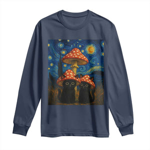 Cute Black Cat Mushroom Long Sleeve Shirt Stary Night Vangogh Amanita Muscaria TS14 Navy Print Your Wear