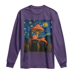 Cute Black Cat Mushroom Long Sleeve Shirt Stary Night Vangogh Amanita Muscaria TS14 Purple Print Your Wear