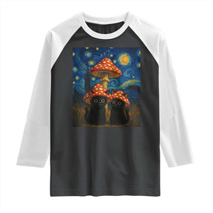 Cute Black Cat Mushroom Raglan Shirt Stary Night Vangogh Amanita Muscaria TS14 Black White Print Your Wear