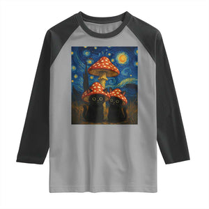 Cute Black Cat Mushroom Raglan Shirt Stary Night Vangogh Amanita Muscaria TS14 Sport Gray Black Print Your Wear