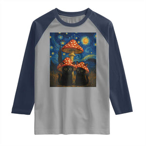 Cute Black Cat Mushroom Raglan Shirt Stary Night Vangogh Amanita Muscaria TS14 Sport Gray Navy Print Your Wear