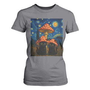 Cute Black Cat Mushroom T Shirt For Women Stary Night Vangogh Amanita Muscaria TS14 Charcoal Print Your Wear
