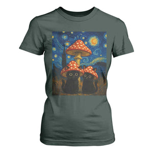 Cute Black Cat Mushroom T Shirt For Women Stary Night Vangogh Amanita Muscaria TS14 Dark Forest Green Print Your Wear