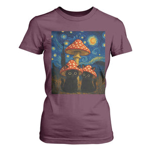 Cute Black Cat Mushroom T Shirt For Women Stary Night Vangogh Amanita Muscaria TS14 Maroon Print Your Wear