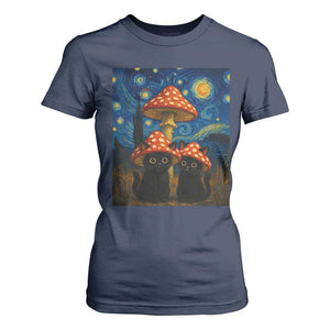 Cute Black Cat Mushroom T Shirt For Women Stary Night Vangogh Amanita Muscaria TS14 Navy Print Your Wear