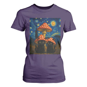 Cute Black Cat Mushroom T Shirt For Women Stary Night Vangogh Amanita Muscaria TS14 Purple Print Your Wear