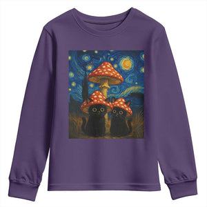 Cute Black Cat Mushroom Youth Sweatshirt Stary Night Vangogh Amanita Muscaria TS14 Purple Print Your Wear