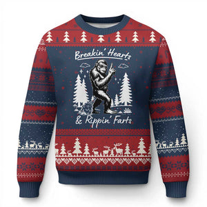 Funny Bigfoot Sasquatch Ugly Christmas Sweater Breakin Hearts And Rippin Farts TS14 Navy Red Print Your Wear