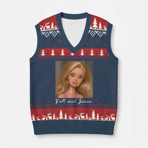 Y'all Need Jesus V-Neck Knit Sweater Vest Funny Girls Meme Saying Christian Humor TS14 Navy Red Print Your Wear