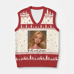 Ya'll Need Jesus Disgusted Face Christian Funny V-Neck Knit Sweater Vest TS14 Beige Red Print Your Wear