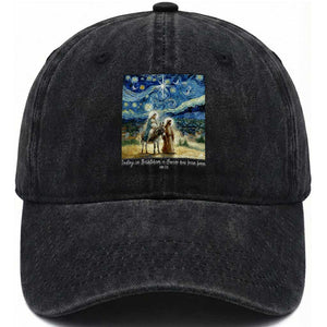 Bethlehem Starry Night Washed Cotton Baseball Cap Nativity Luke 2:11 Christian Christmas TS14 Washed Cap Universal Fit Black Print Your Wear