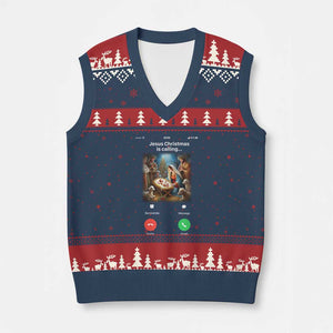 Jesus Xmas V-Neck Knit Sweater Vest Video Call Nativity Scene Funny Christian Xmas TS14 Navy Red Print Your Wear
