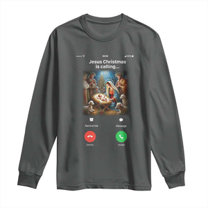 Jesus Christmas Long Sleeve Shirt Video Call Nativity Scene Funny Christian Xmas TS14 Dark Heather Print Your Wear