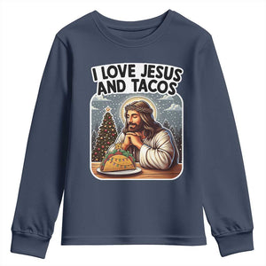 Funny Jesus Christian Christmas Youth Sweatshirt I Love Jesus And Tacos TS14 Navy Print Your Wear
