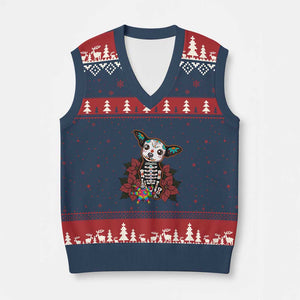 Calavera Chihuahua V-Neck Knit Sweater Vest Pinata Dia De Los Muertos Mexican TS14 Navy Red Print Your Wear