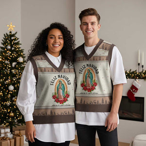 Virgin Mary Feliz Navidad V-Neck Knit Sweater Vest Our Lady Virgen De Guadalupe - Print Your Wear