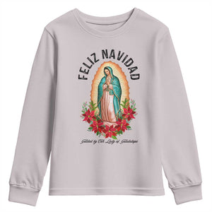 Virgin Mary Feliz Navidad Youth Sweatshirt Our Lady Virgen De Guadalupe TS14 Ice Gray Print Your Wear