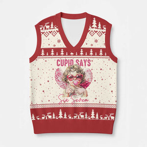 67 Valetines V-Neck Knit Sweater Vest Funny Cupid Says Six Seven TS14 Beige Red Print Your Wear