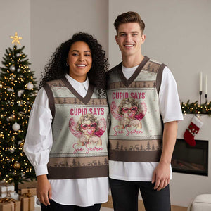 67 Valetines V-Neck Knit Sweater Vest Funny Cupid Says Six Seven TS14 Mocha Mousse Print Your Wear