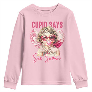 67 Valetines Youth Sweatshirt Funny Cupid Says Six Seven TS14 Light Pink Print Your Wear