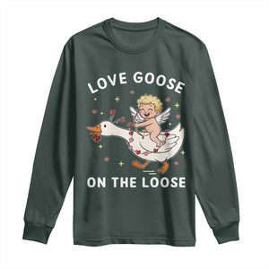 Funny Valentine Goose Long Sleeve Shirt Love Goose On The Loose TS14 Dark Forest Green Print Your Wear