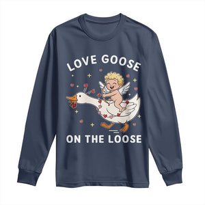 Funny Valentine Goose Long Sleeve Shirt Love Goose On The Loose TS14 Navy Print Your Wear