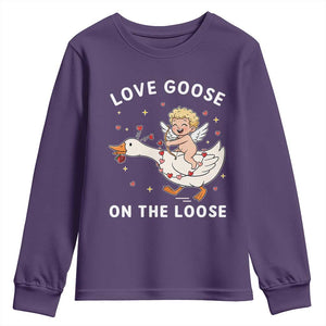 Funny Valentine Goose Youth Sweatshirt Love Goose On The Loose TS14 Purple Print Your Wear