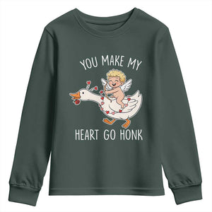 You Make My Heart Go Honk Youth Sweatshirt Funny Valentine Goose TS14 Dark Forest Green Print Your Wear