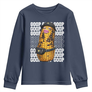 Funny Burnt Peanut Goop Youth Sweatshirt Burnt Corn Meme Viral Humor TS14 Navy Print Your Wear