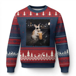 Funny Bunny Drinking Iced Coffee Ugly Christmas Sweater Animal Meme Viral Internet TS14 Navy Red Print Your Wear