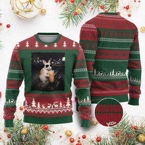 Funny Bunny Drinking Iced Coffee Ugly Christmas Sweater Animal Meme Viral Internet TS14 Red Green Print Your Wear