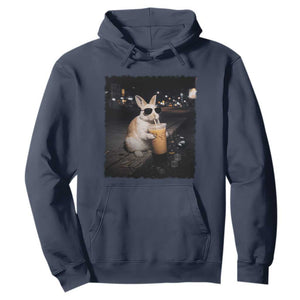 Funny Bunny Drinking Iced Coffee Hoodie Animal Meme Viral Internet TS14 Navy Print Your Wear