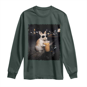 Funny Bunny Drinking Iced Coffee Long Sleeve Shirt Animal Meme Viral Internet TS14 Dark Forest Green Print Your Wear