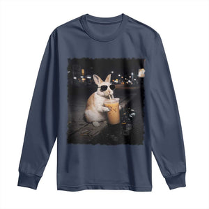 Funny Bunny Drinking Iced Coffee Long Sleeve Shirt Animal Meme Viral Internet TS14 Navy Print Your Wear