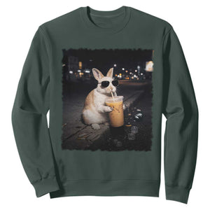 Funny Bunny Drinking Iced Coffee Sweatshirt Animal Meme Viral Internet TS14 Dark Forest Green Print Your Wear