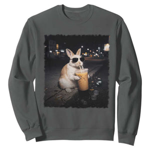 Funny Bunny Drinking Iced Coffee Sweatshirt Animal Meme Viral Internet TS14 Dark Heather Print Your Wear