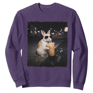 Funny Bunny Drinking Iced Coffee Sweatshirt Animal Meme Viral Internet TS14 Purple Print Your Wear