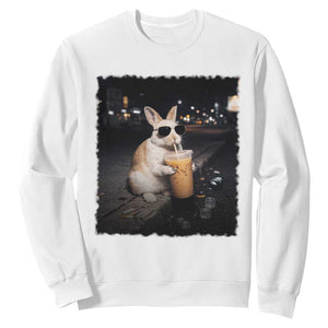 Funny Bunny Drinking Iced Coffee Sweatshirt Animal Meme Viral Internet TS14 White Print Your Wear