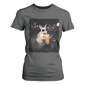 Funny Bunny Drinking Iced Coffee T Shirt For Women Animal Meme Viral Internet TS14 Dark Heather Print Your Wear