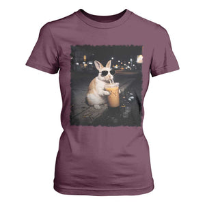 Funny Bunny Drinking Iced Coffee T Shirt For Women Animal Meme Viral Internet TS14 Maroon Print Your Wear