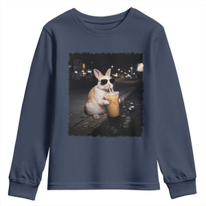 Funny Bunny Drinking Iced Coffee Youth Sweatshirt Animal Meme Viral Internet TS14 Navy Print Your Wear