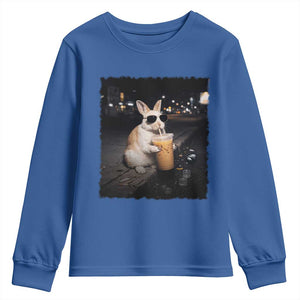 Funny Bunny Drinking Iced Coffee Youth Sweatshirt Animal Meme Viral Internet TS14 Royal Blue Print Your Wear